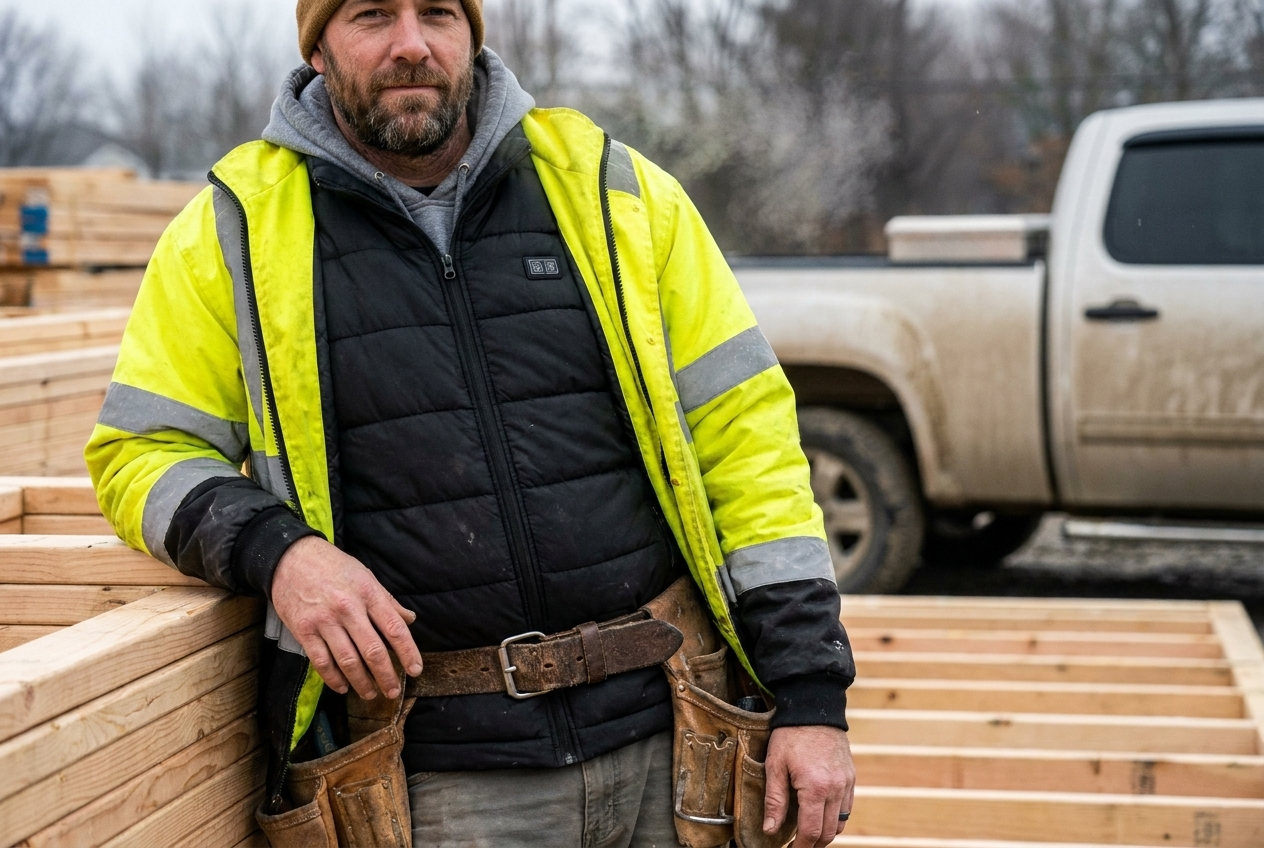 Tradesperson wearing a black heated vest at a winter job site